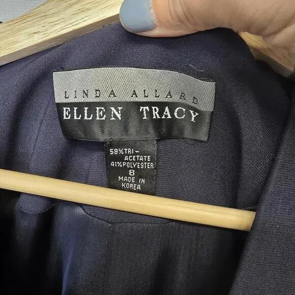 Linda Allard Ellen Tracy Navy Blue Striped Trim Collarless Blazer Jacket Size 8 - Picture 2 of 5